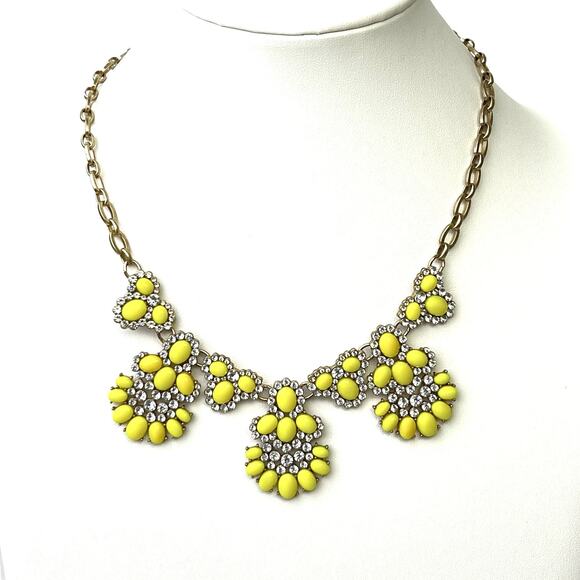 J Crew Necklace Yellow Bead Flowers Clear Rhinestones Gold Tone Chain Sparkle - Picture 5 of 11